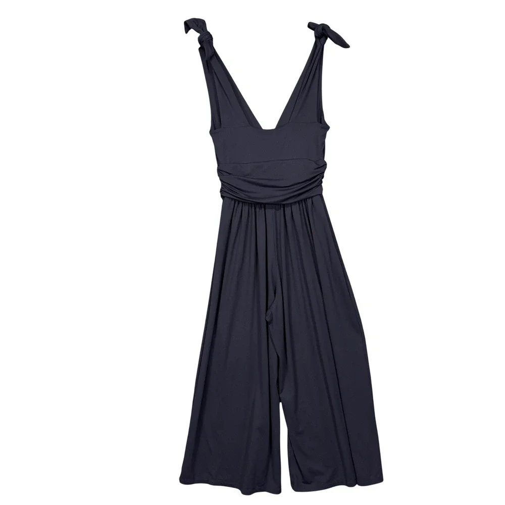 Susana Monaco Jumpsuit Womens Large Navy Blue Tie Shoulder V-Neck Wide Leg - Picture 3 of 11